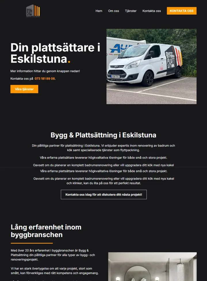 Hemsida för Bygg & Plattsättning i Eskilstuna byggd av Webbfix