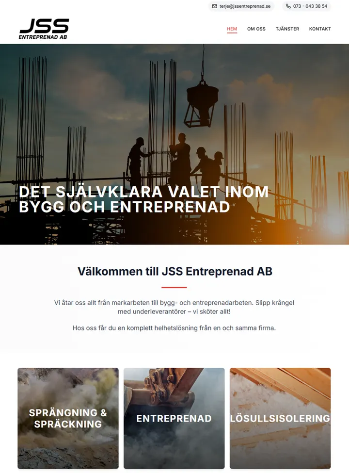 Hemsida för JSS Entreprenad AB byggd av Webbfix